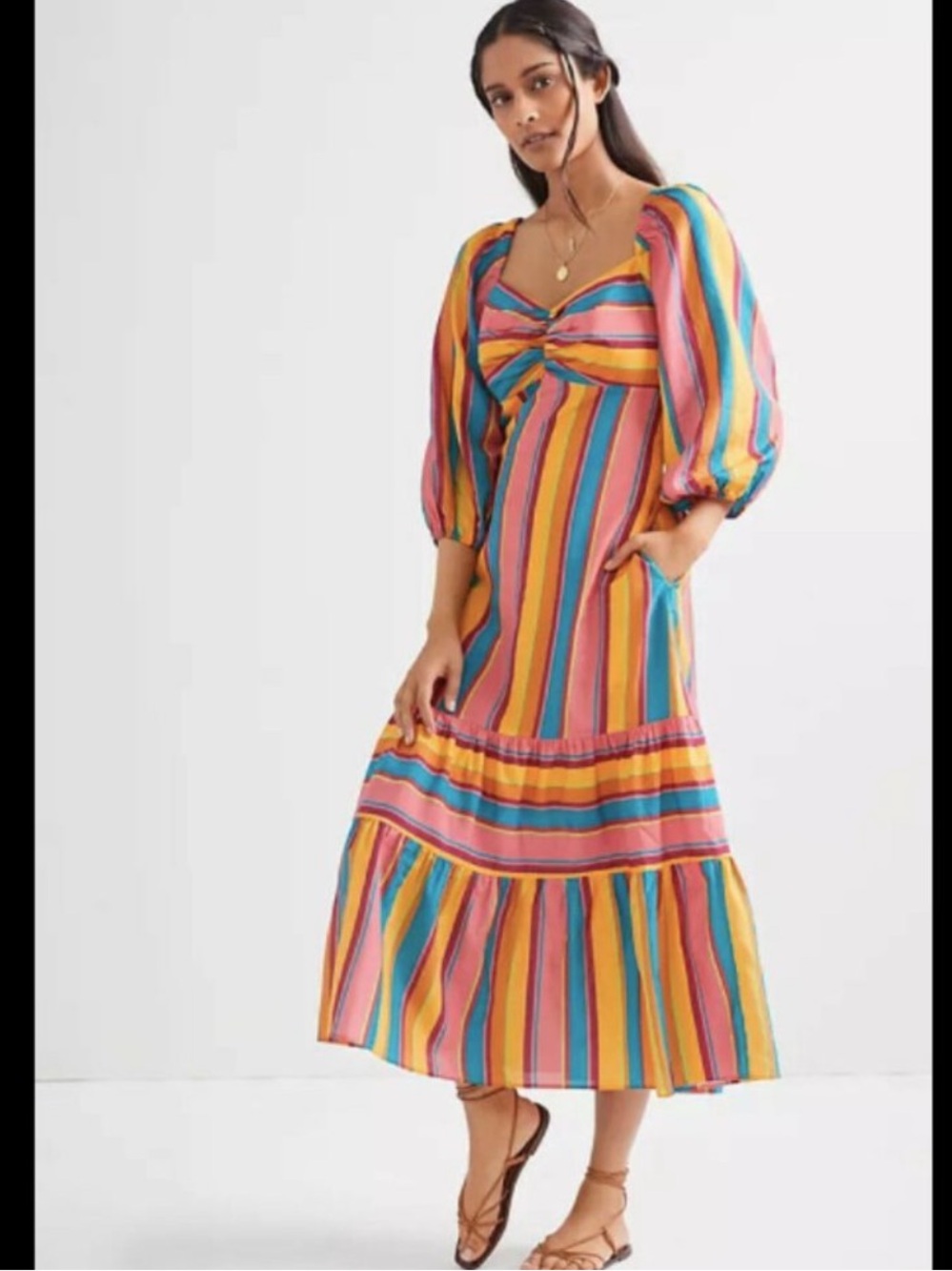 Farm Rio For Anthropologie Rainbow Striped Midi Dress